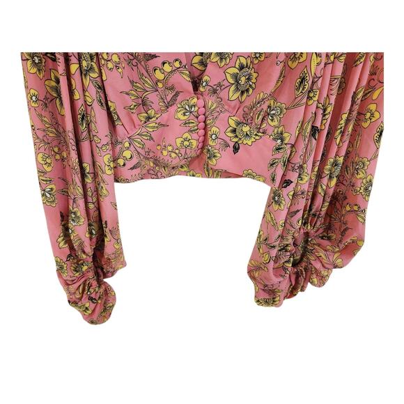 Signature8 Crop Top Blouse Balloon Sleeves Plunge Neck Pink Floral Button Small - Picture 3 of 12